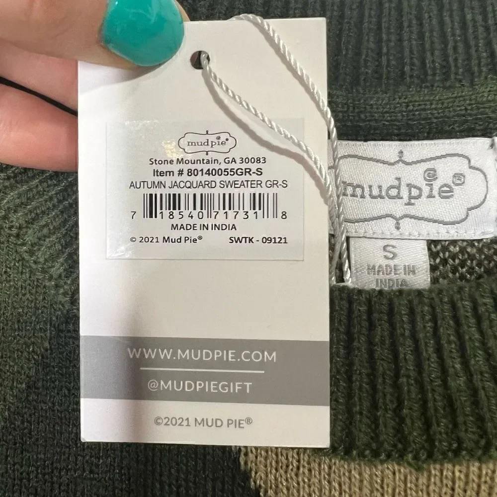 Mud Pie Camouflage Green Tan Autumn Jacquard Sweater NWT!